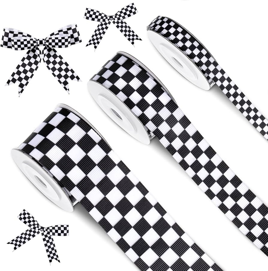 Cunno 3 Rolls Black Grosgrain Ribbon White Checkered Printed Ribbon Racing Car Theme Printed Chec... | Amazon (US)