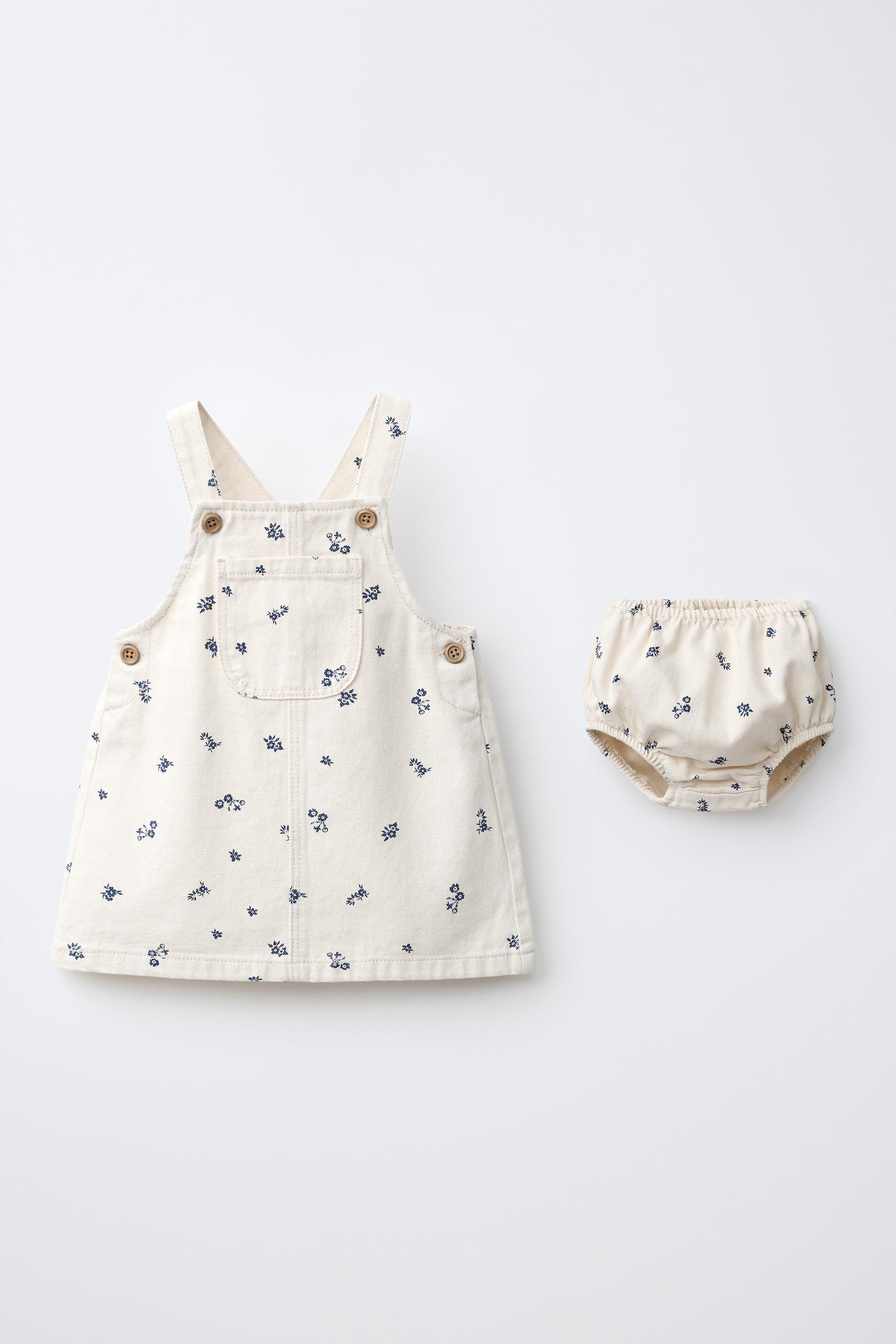 Zara - Floral Twill Overall Dress And Panties - Ecru - 3-6 Months (26,8 Inches) - Kids | Zara US