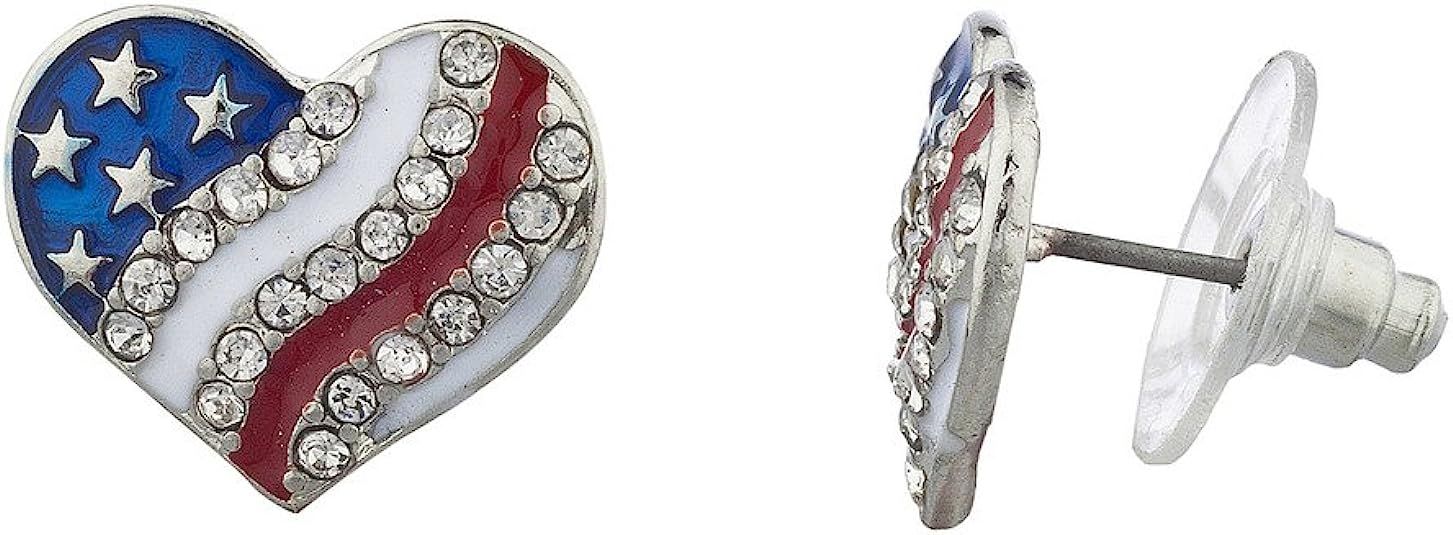 LUX ACCESSORIES Silver Tone Americana American Flag Pave Heart Stud Earrings | Amazon (US)
