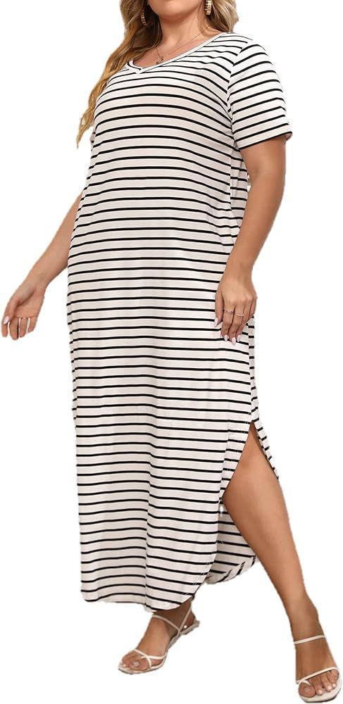 HBEYYTO Women's Plus Size Maxi Dresses V Neck Casual Short Sleeve Loose Pocket Slits Long Dress X... | Amazon (US)