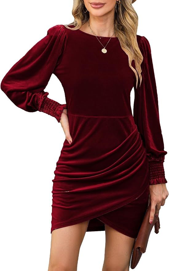 YIJIU Women Long Sleeve Velvet Dress Crew Neck Slim Fit Short Ruched Bodycon Cocktail Party Club ... | Amazon (US)