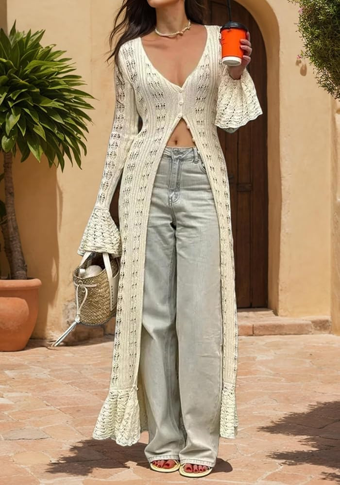 NRTHYE Lange gehäkelte Damen-Strickjacke, Knopfleiste, ausgestanzt, elegant, Staubwedel, Maxikle... | Amazon (DE)