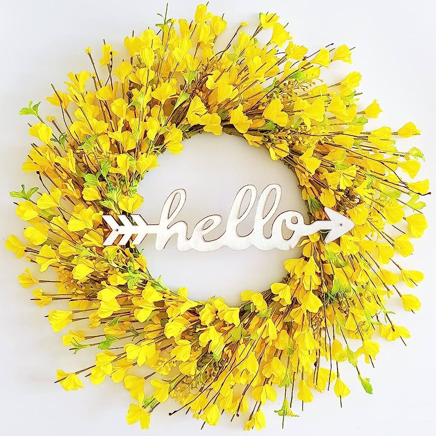 Yellow Forsythia Door Wreath with Hello Sign, TOKCARE 22 inch Spring Wreaths for Front Door Summe... | Amazon (US)