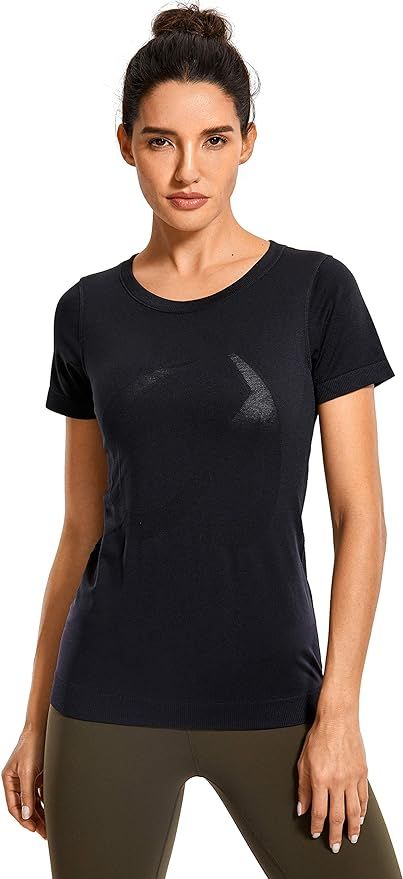 CRZ YOGA Women's Seamless Workout Short Sleeve Tees Plain T Shirts Athletic Shirts | Amazon (US)