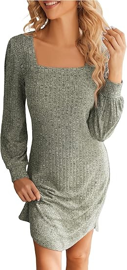 Ekouaer Womens Long Sleeve Nightgown Ribbed Knit Square Neck Loungewear Loose Fit Sleepwear Night... | Amazon (US)