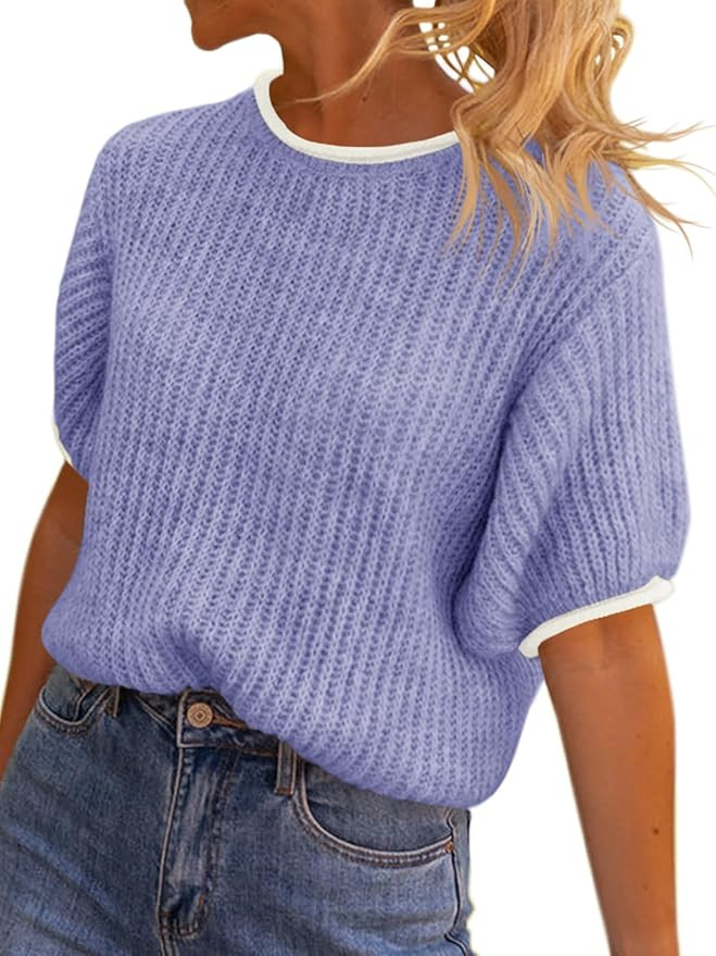 Saodimallsu Womens Puff Short Sleeve Sweater Tops Spring Summer Color Block Ribbed Knit Crew Neck... | Amazon (US)