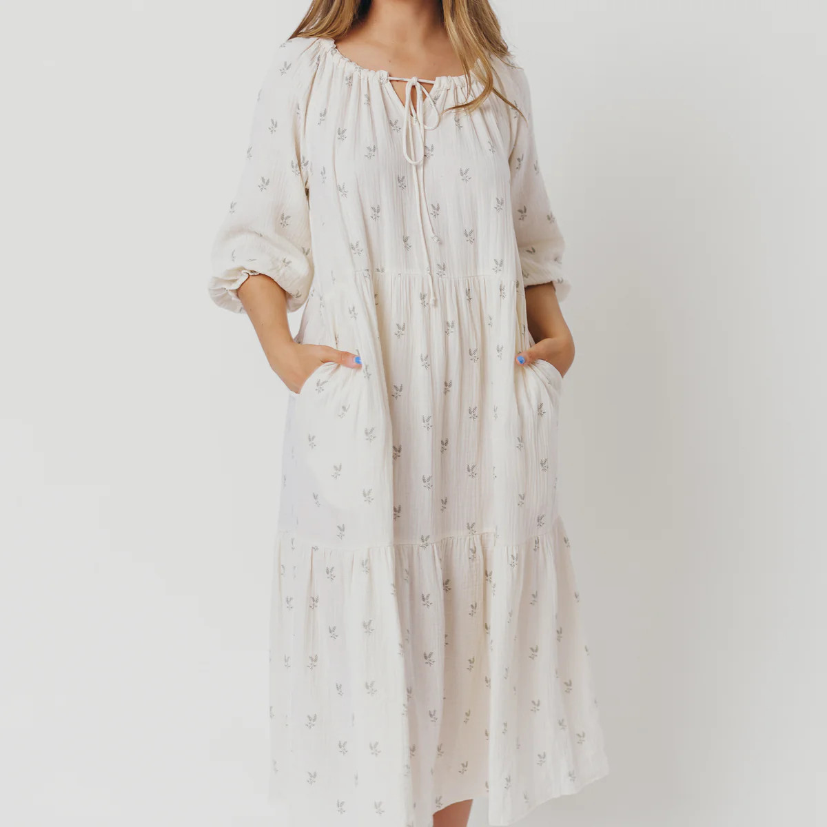 Avery Tiered Linen-Blend Midi Dress in Soy/Sage Foliage - Bump Friendl | Worth Collective