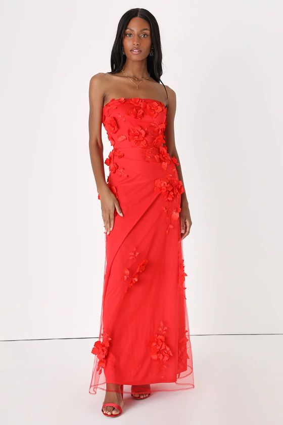 Remarkable Refinement Red Floral Strapless Maxi Dress | Lulus