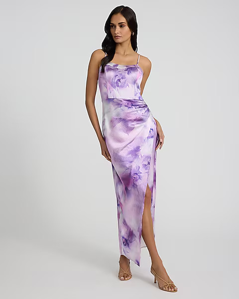 Satin Printed Sweetheart Sleeveless Wrap Ruched Side Maxi Dress | Express