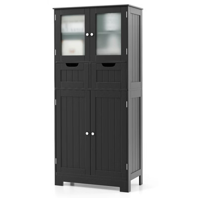 Costway Bathroom Floor Storage Cabinet Kitchen Cupboard with 2 Drawers & Glass Doors Black | Target