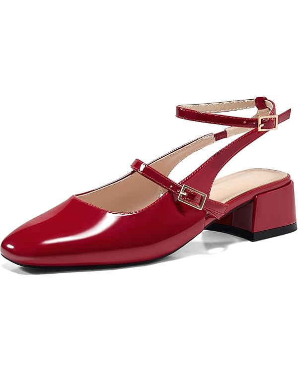 Coutgo Womens Mary Jane Chunky Low Heels Closed Square Toe Ankle Strap Pumps Wedding Party Dress ... | Amazon (US)