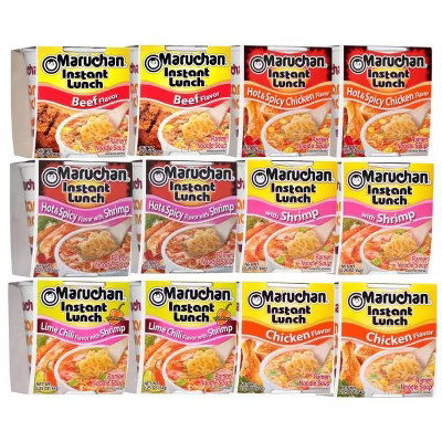 Maruchan 12 Count Ramen Instant Noodle Soup Cups 2 Chicken, 2 Shrimp, 2 Beef, 2 Hot & Spicy Chicken, 2 Hot & Spicy Shrimp & 2 Lime Chili Shrimp Flavor | Target