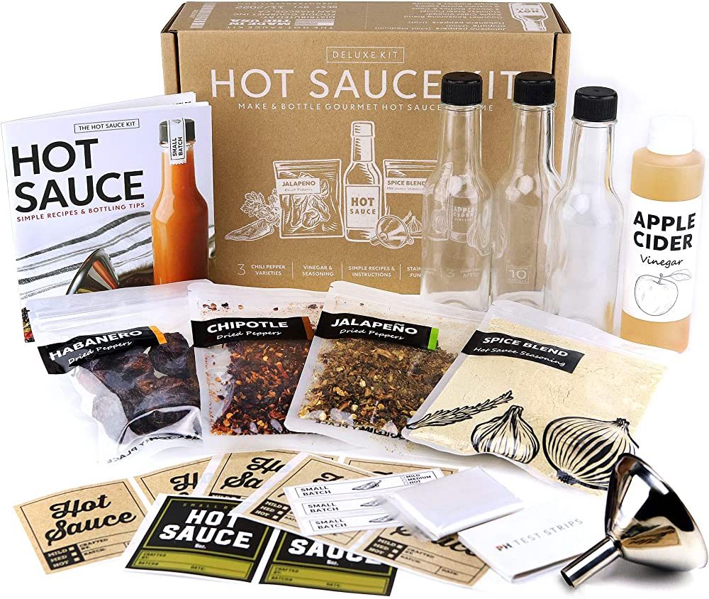 Deluxe Hot Sauce Making Kit, 3 Varieties of Chili Peppers, Gourmet Spice Blend, 3 Bottles, 16 Fun... | Amazon (US)
