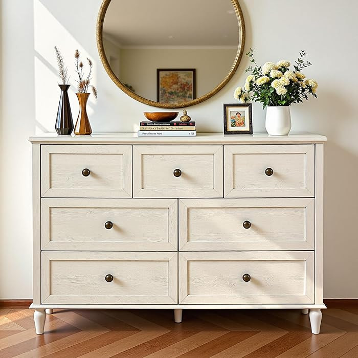 White 7 Drawer Dresser, Double Dressers Chests with Vintage Handles, Solid Wood Chest of Drawers,... | Amazon (US)
