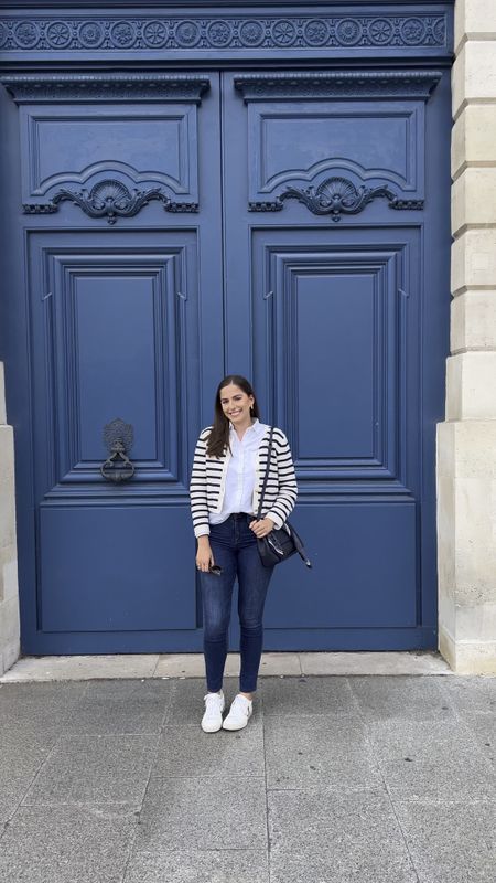 Classic fall outfit, preppy fall outfit, striped lady jacket, lady jacket, skinny jeans, what to wear in paris in the fall, crossbody bag, white button down, white leather sneakers, white sneakers, white tennis shoes, white walking shoes, preppy

#LTKtravel #LTKSeasonal #LTKeurope
