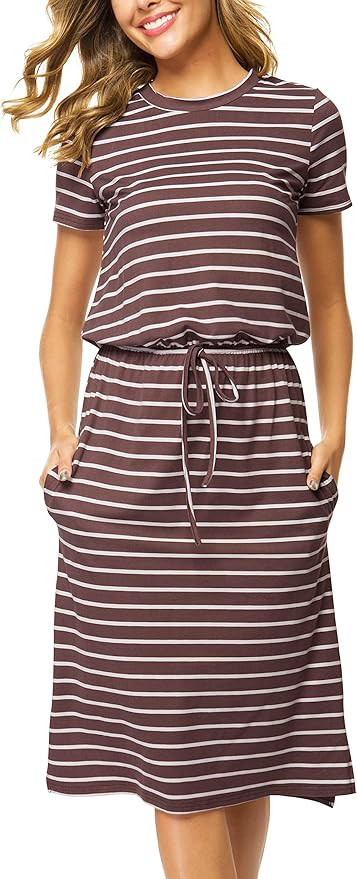 Womens Summer Hide Belly Knee Length Travel Dress Pocket 2025 Spring Short Sleeve Midi Work Casua... | Amazon (US)