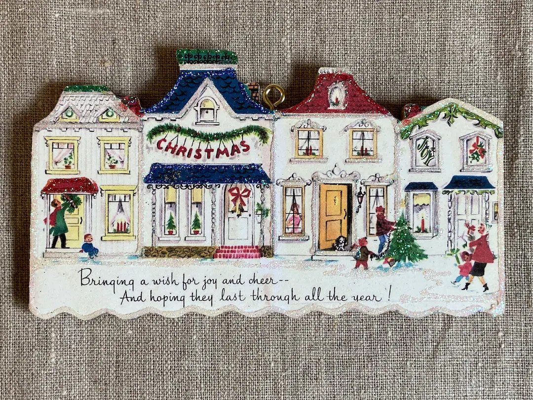 Row of Decorated Homes Christmas Ornament Vintage Card Image Glitter and Wood Holiday Tree Decora... | Etsy (US)