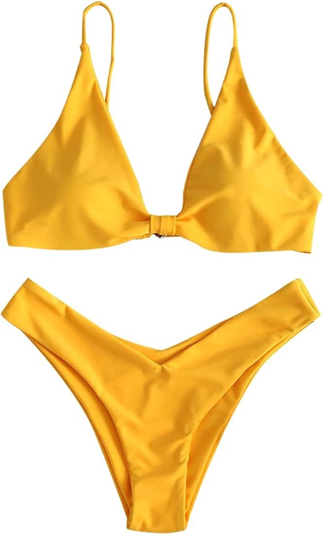 ZAFUL Women's Tie Knot Front Spaghetti Strap High Cut Bikini Set Swimsuit | Amazon (US)