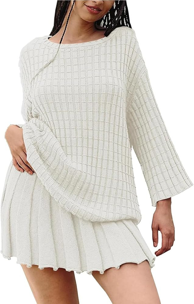 VECVOC Sweater Set Two Piece Skirt Sets for Women Long Sleeve Two Piece Outfits Loose Knit Pullov... | Amazon (US)