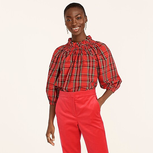 Smocked-neck top in Good Tidings plaid | J. Crew US