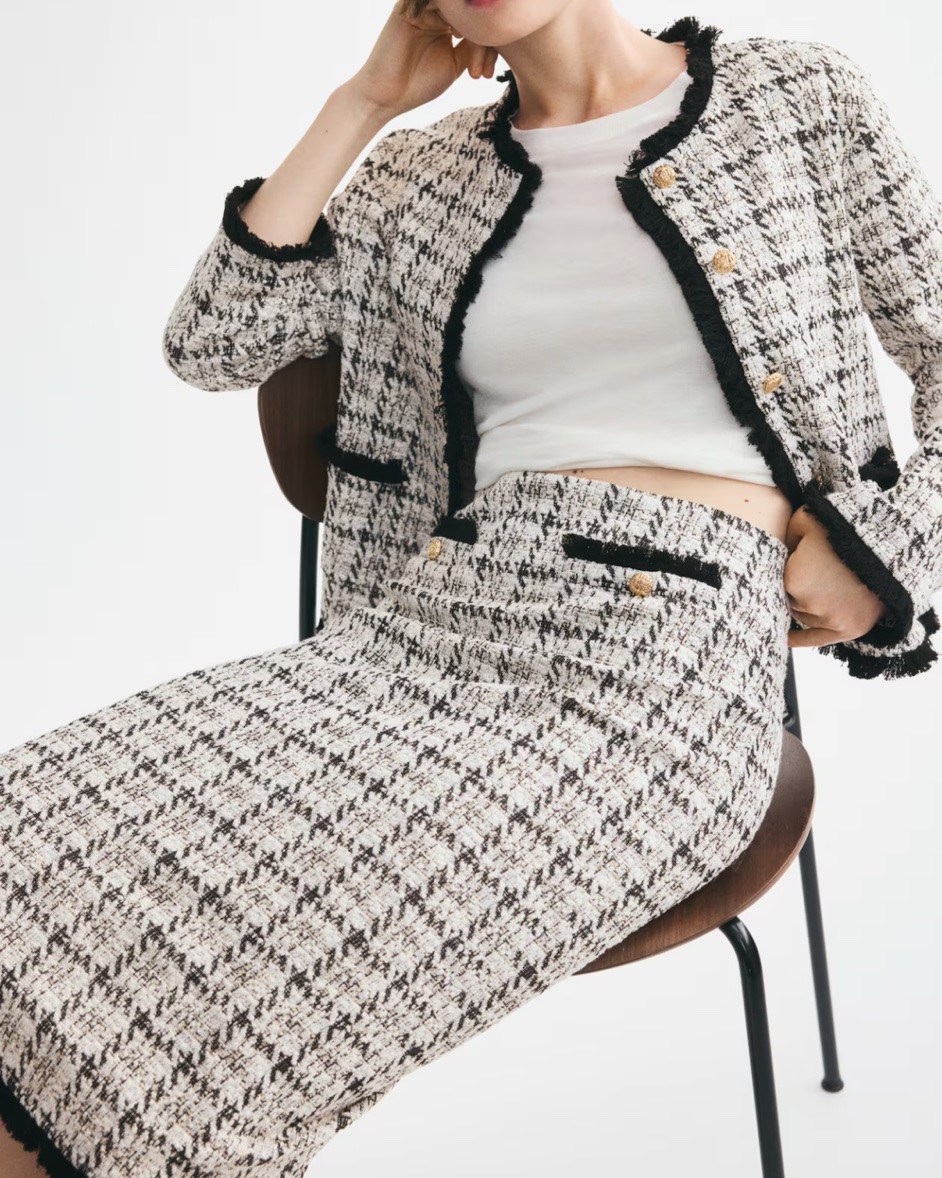 Black and white tweed jacket 
Black and white tweed shift dress 
Black and white tweed pencil skirt 
Preppy workwear outfit

#LTKSeasonal