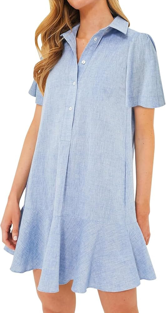 Shift Dress for Women 2024 Tunic Shirt Mini Dress Short Sleeve Cotton Linen Dress Button Up Ruffl... | Amazon (US)
