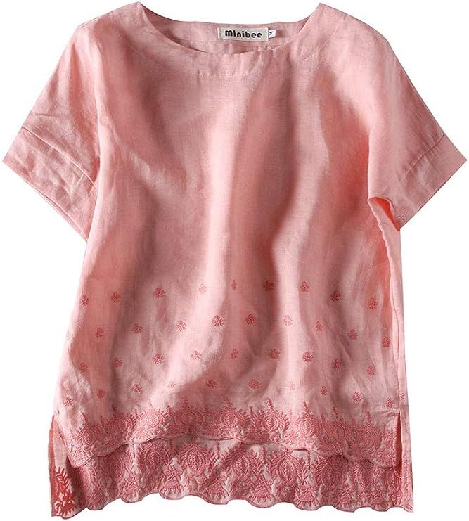 Minibee Women's Summer Linen Tunic Shirt High Low Hem Embroidery Blouse Top | Amazon (US)