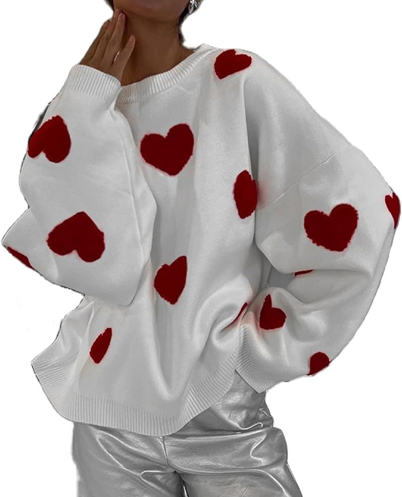 NUFIWI Valentines Day Shirt for Women Love Heart Sweatshirt Print Graphic Tee Round Neck Long Sle... | Amazon (US)