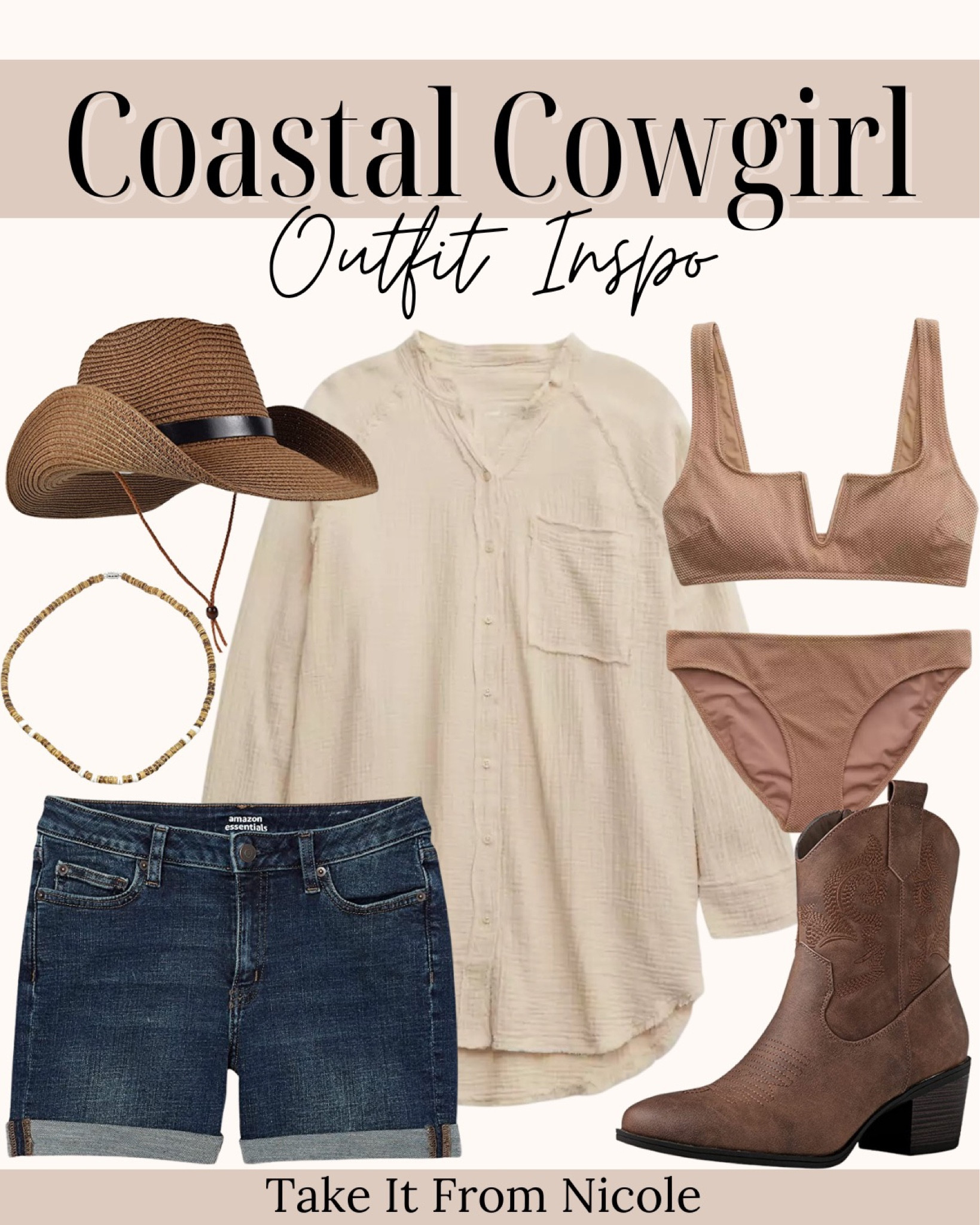 Coastal cowgirl outfit inspo! Items include a nude button down shirt, a pair of denim high waisted shorts, a brown two piece swimsuit, a brown cowgirl hat, a brown necklace and brown cowgirl boots. 

Coastal cowgirl aesthetic, country concert finds, summer fashion finds, summer concert looks.

#LTKswim #LTKSeasonal #LTKunder100