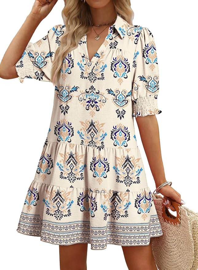 Dokotoo Casual Dresses for Women Lapel Collared V Neck Mid Sleeved Pleated Summer Dresses for Wom... | Amazon (US)