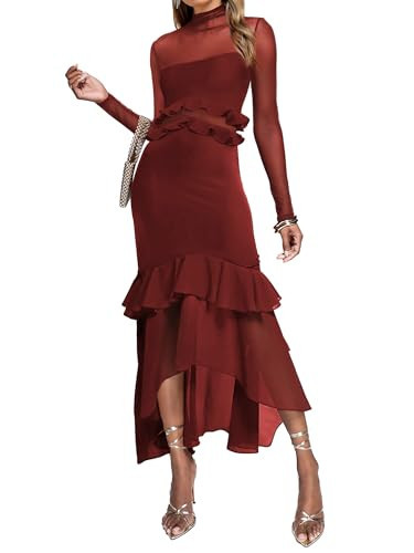 Aisbei Women's Sexy Bodycon Maxi Dress Long Sleeve Mock Neck Mesh Ruffle Mermaid Dress Party Formal Cocktail Wedding Guest Dress-Red S | Amazon (US)