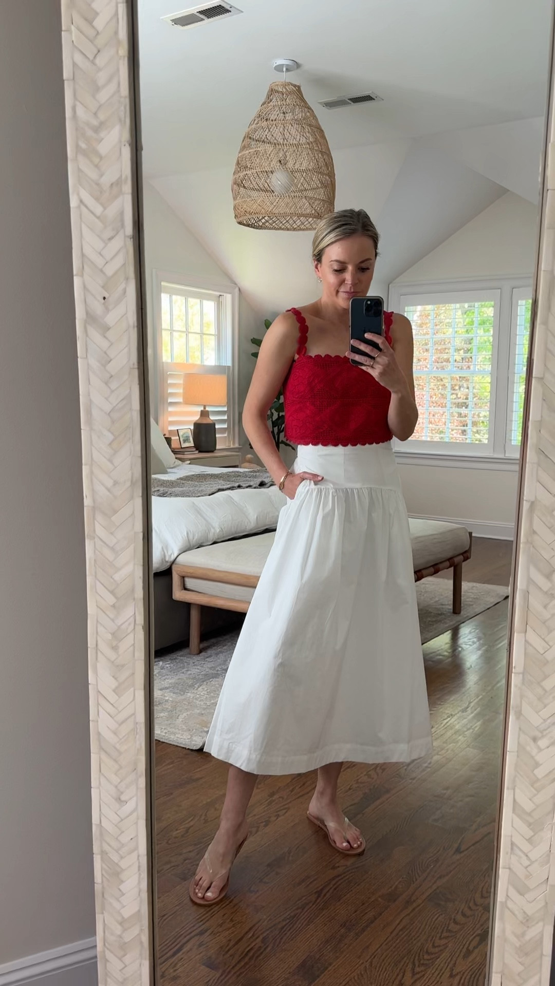 Memorial Day + 4th of July outfit inspo
-small top (part of a matching set)
-small skirt, but wish I did an XS
-sandals a I’m a 7.5 and sized up to 8s (whole sizes only) 

summer outfit, vacation outfit 