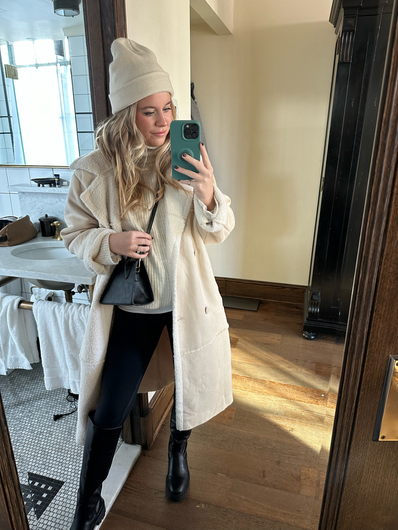 faux shearling long coat, maternity leggings, NYC holiday outfit, amazon black mini bag 