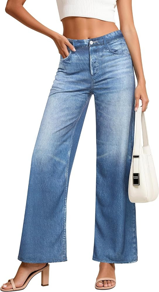 EUYZOU Womens Wide Leg Trendy Jeans Terry Look Like Denim High Waisted Baggy Loose Pants with Poc... | Amazon (US)