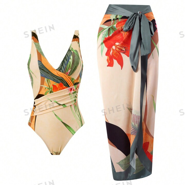 Digital Print Strap Retro Style Women's Swimwear With Mesh Skirt 2pcs/set | SHEIN