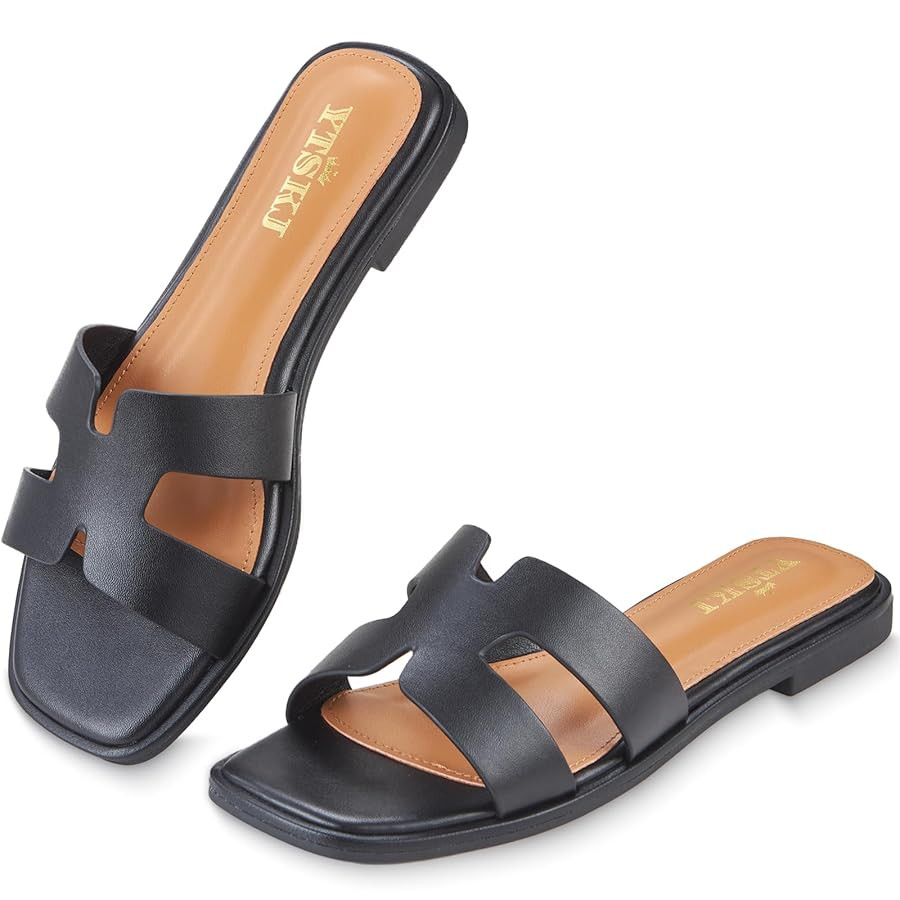 Sandals For Women 2025 Dressy Flat Slides Open Toe Sandals Comfortable Soft Leather Slides Slip O... | Amazon (US)