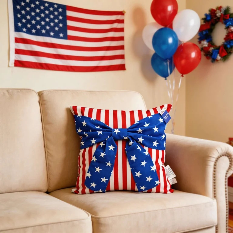 Stars and Stripes Decorative Pillow with Bow, Red/White/Blue, 18" x 18", Patriotic by Way To Cele... | Walmart (US)
