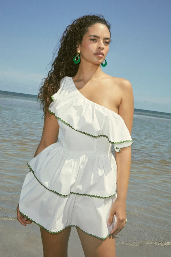 Thriving Sunshine White One-Shoulder Rickrack Skort Romper | Lulus