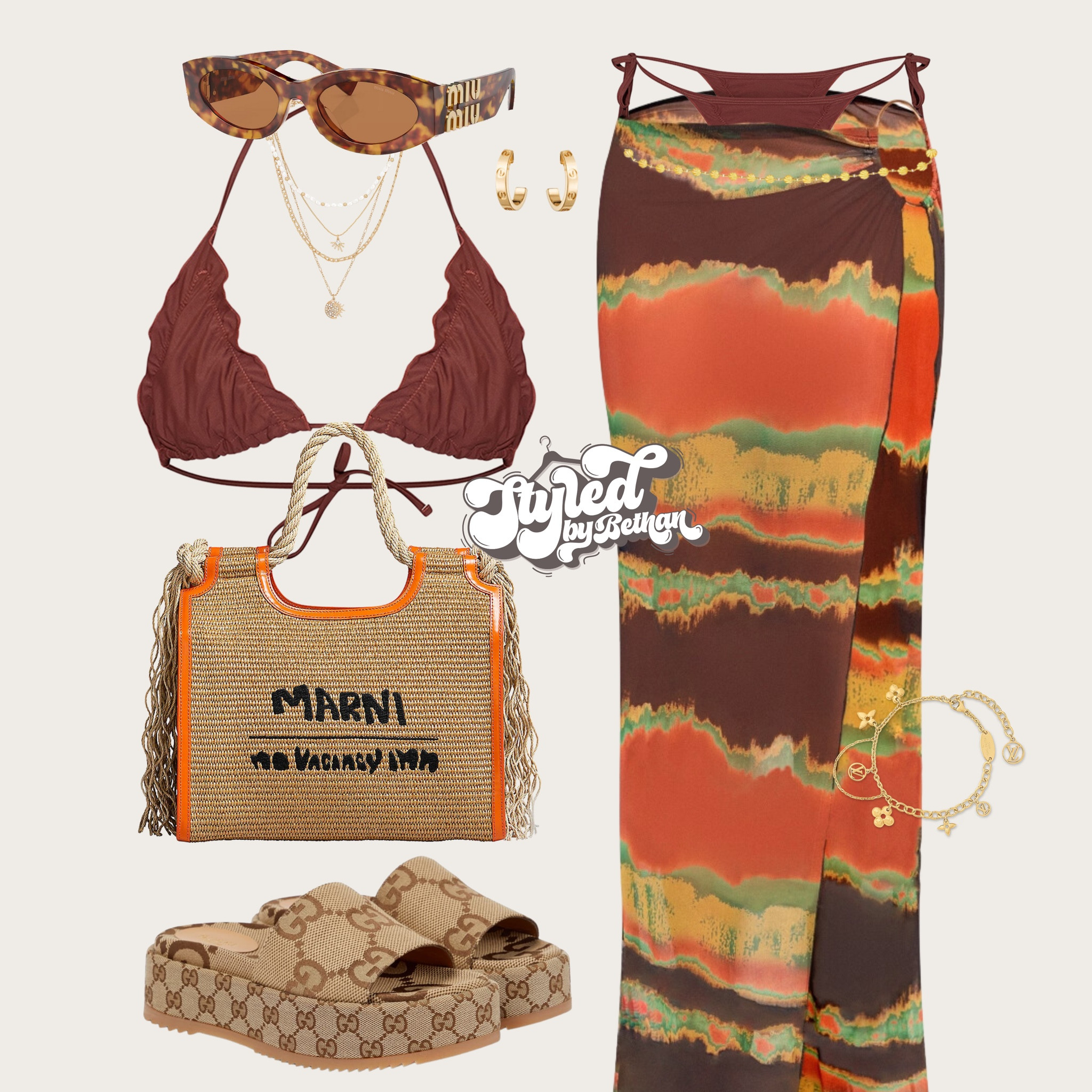 🤎🤎🤎 tags: pretty little thing brown bikini and multi coloured mesh maxi skirt bikini coverup, marni beach bag, tortoise shell brown miu miu sunglasses, revolve gold layered necklace, Cartier gold earrings, Gucci sliders, Louis Vuitton gold charm bracelet. Summer vacation holiday swimwear beach cover up beach club pool party outfit inspiration inspo. 

#LTKsummer #LTKtravel #LTKswimwear