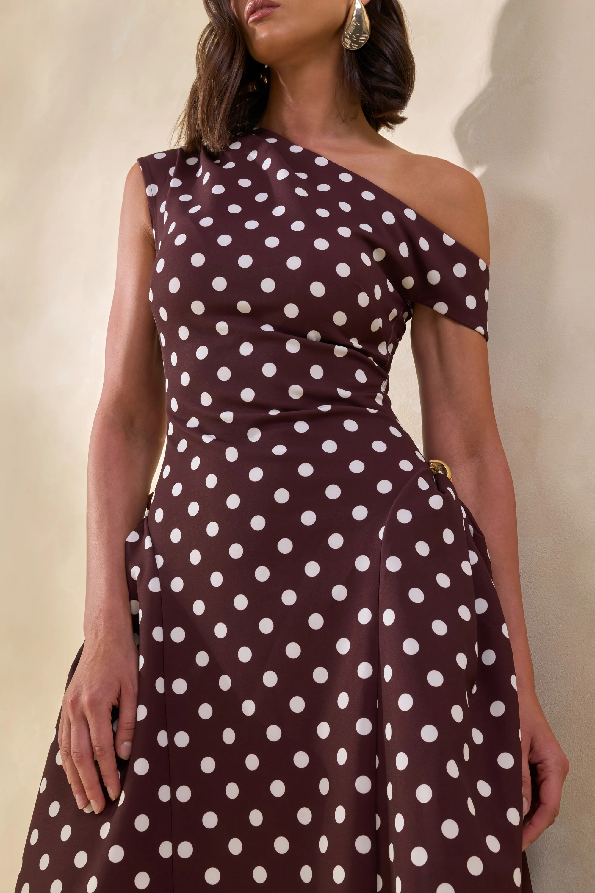 Celosia | Brown Polka-Dot Asymmetric-Neck Midi Dress With Gold-Detailing | Club L London