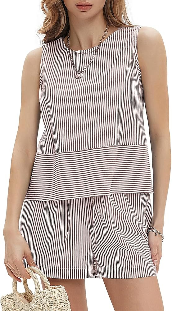 EXLURA Women's Summer 2 Piece Outfits Sleeveless Tank Top Matching Shorts Sets Cotton Striped Cru... | Amazon (US)