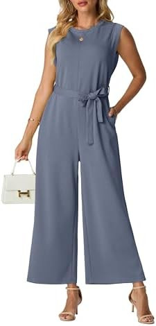 Lepunuo Jumpsuits for Women Dressy Casual Crewneck One Piece Overalls Wide Leg Jumpers Wrinkle-Fr... | Amazon (US)