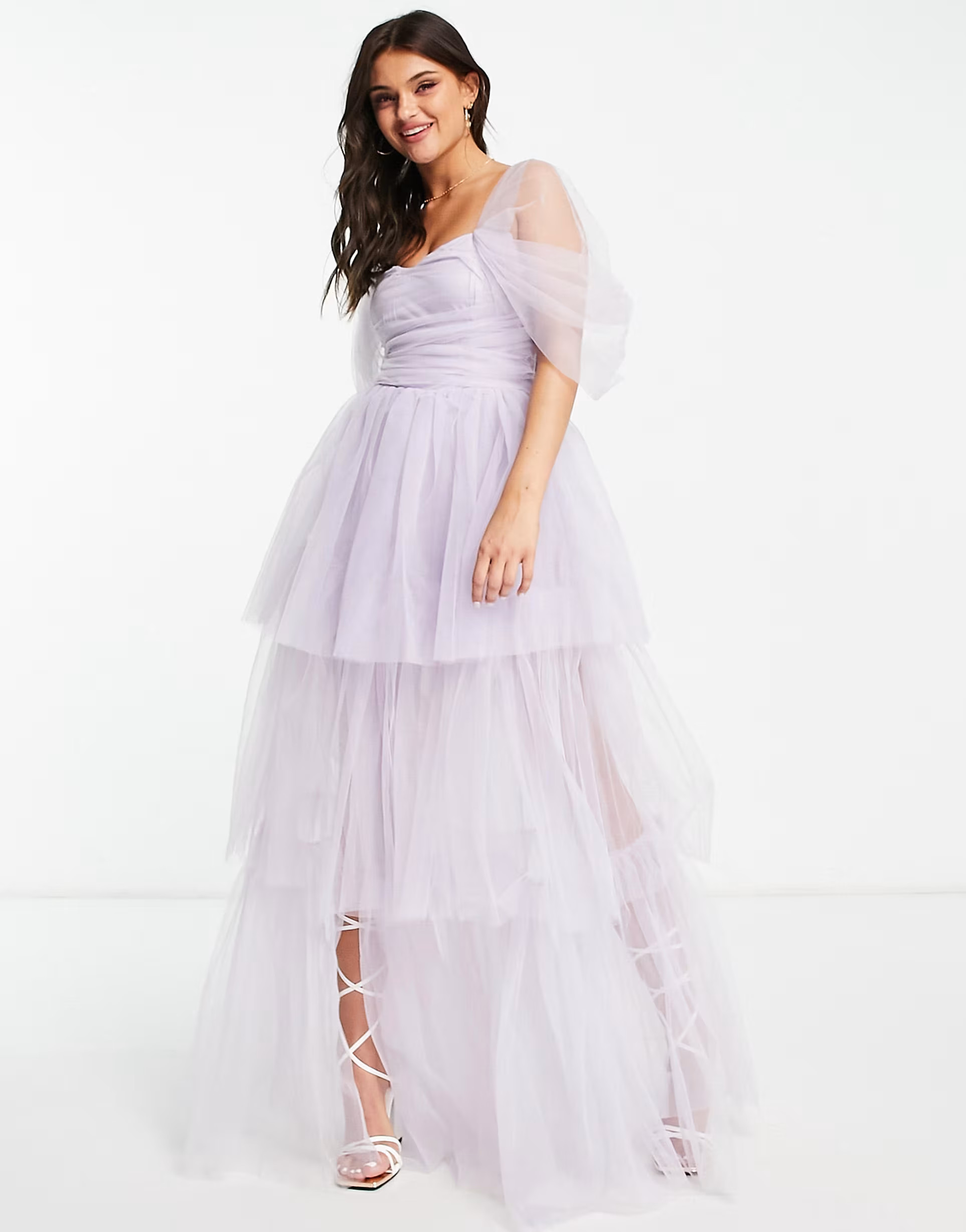 Lace & Beads exclusive off shoulder tulle tiered maxi dress in lilac | ASOS (Global)