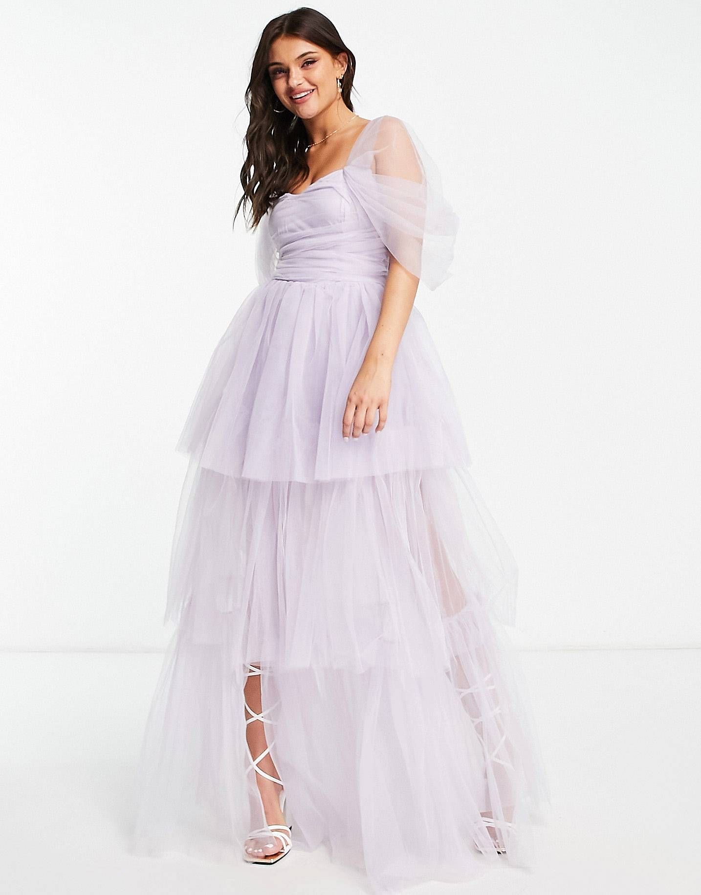 Lace & Beads exclusive off shoulder tulle tiered maxi dress in lilac | ASOS | ASOS (Global)