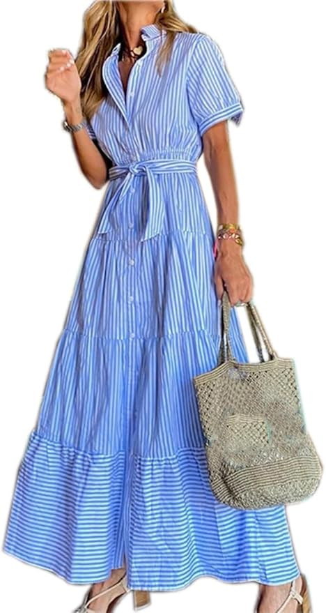 Ladyful Women's Striped Shirt Babydoll Dress Short Sleeve Beach Tiered Sundress with Belt | Amazon (US)