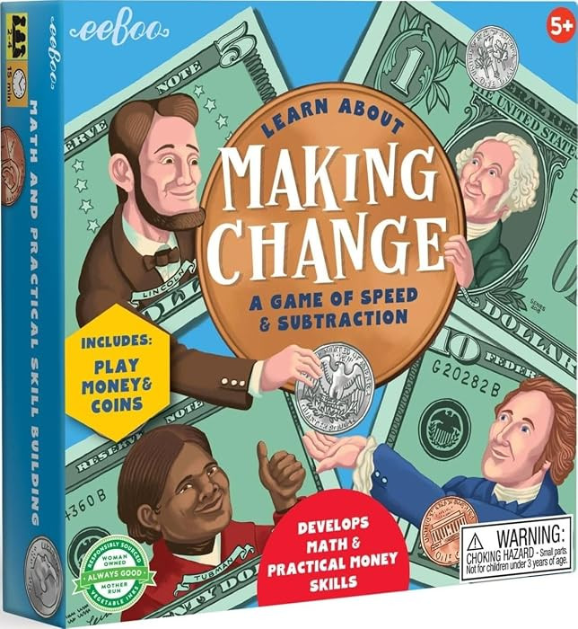 eeBoo Making Change Math Game with Play Money, Coins, Ages 5+, 2-4 Players | Amazon (US)
