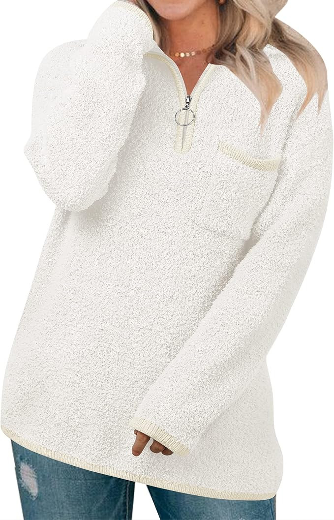 ZESICA Women's Quarter Zip V Neck Long Sleeve Solid Color Sherpa Fuzzy Chunky Knit Pullover Sweat... | Amazon (US)