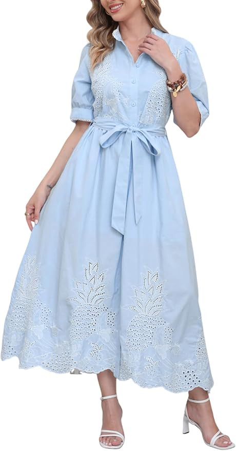 utcoco Women's Embroidered Eyelet Shirt Dresses Belted Puff Sleeve Button Down Swing Boho Cotton ... | Amazon (US)