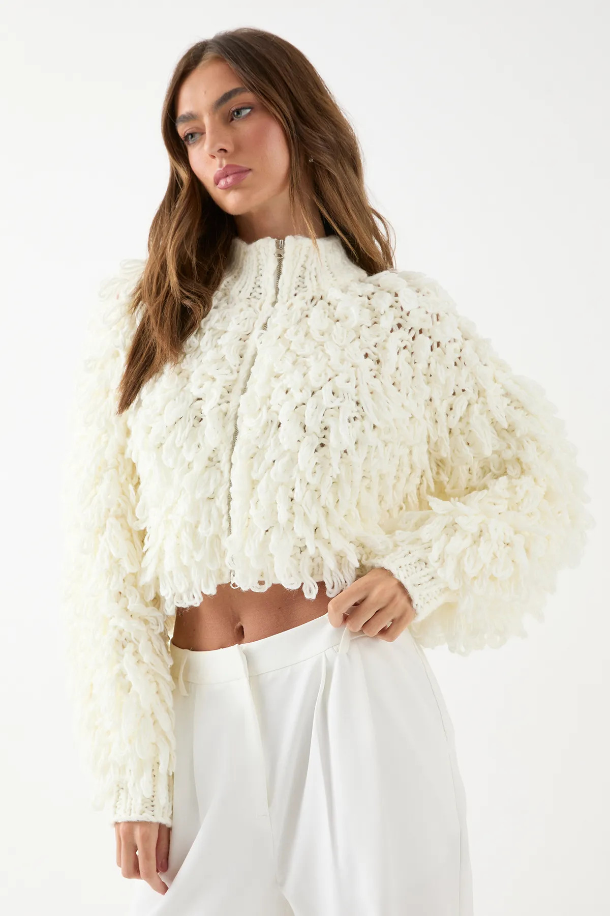 Jumpers & Cardigans | Zip Up Cream Fringe Loop Bomber | MissPap | Miss Pap UK