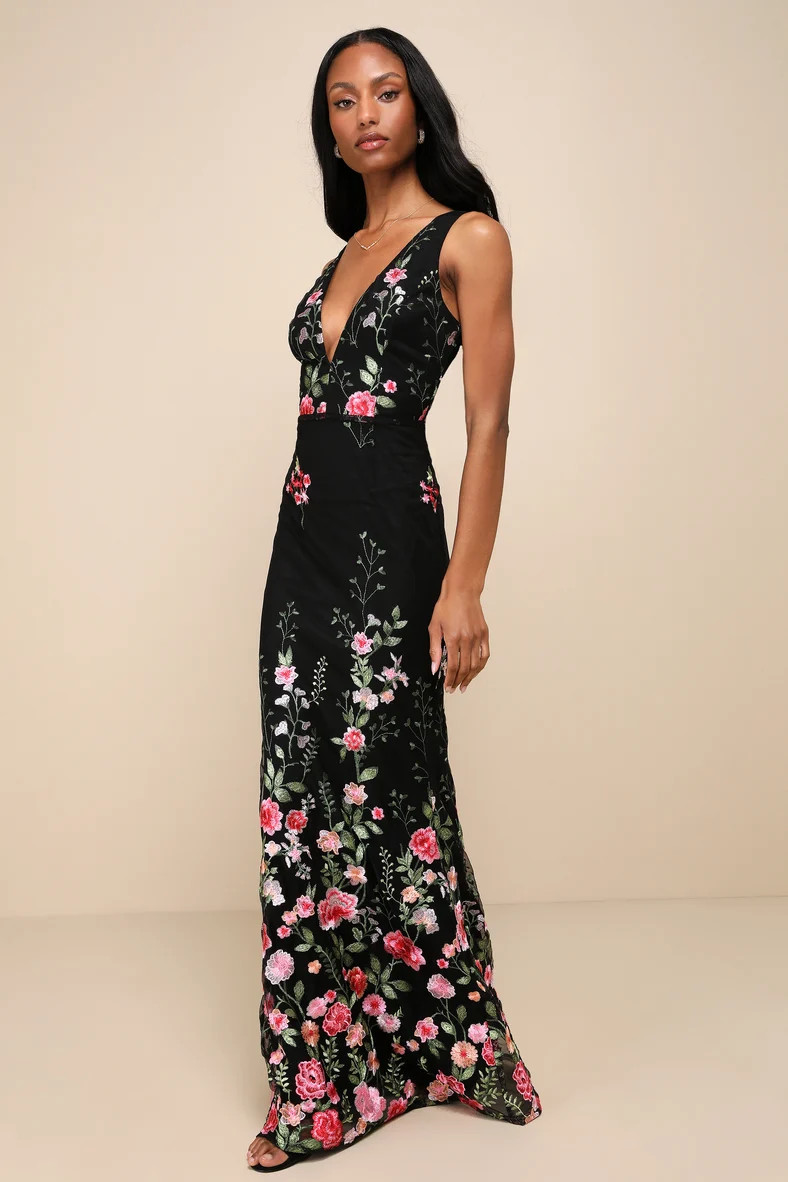 Soiree Blossom Black Floral Embroidered Mermaid Maxi Dress | Lulus